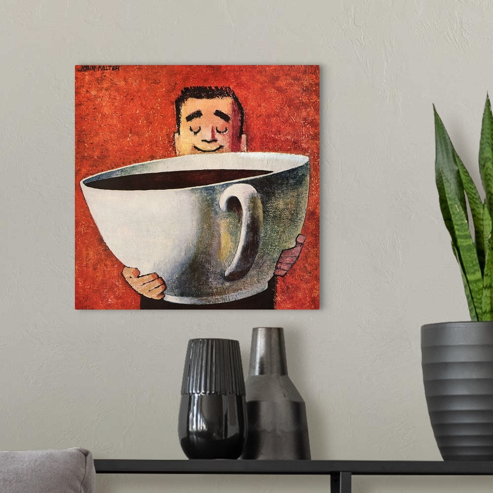 A modern room featuring Man and Huge Coffee Cup
