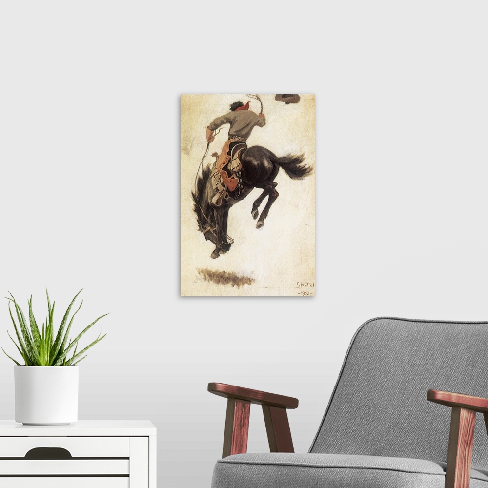 A modern room featuring Man on a Bucking Bronco