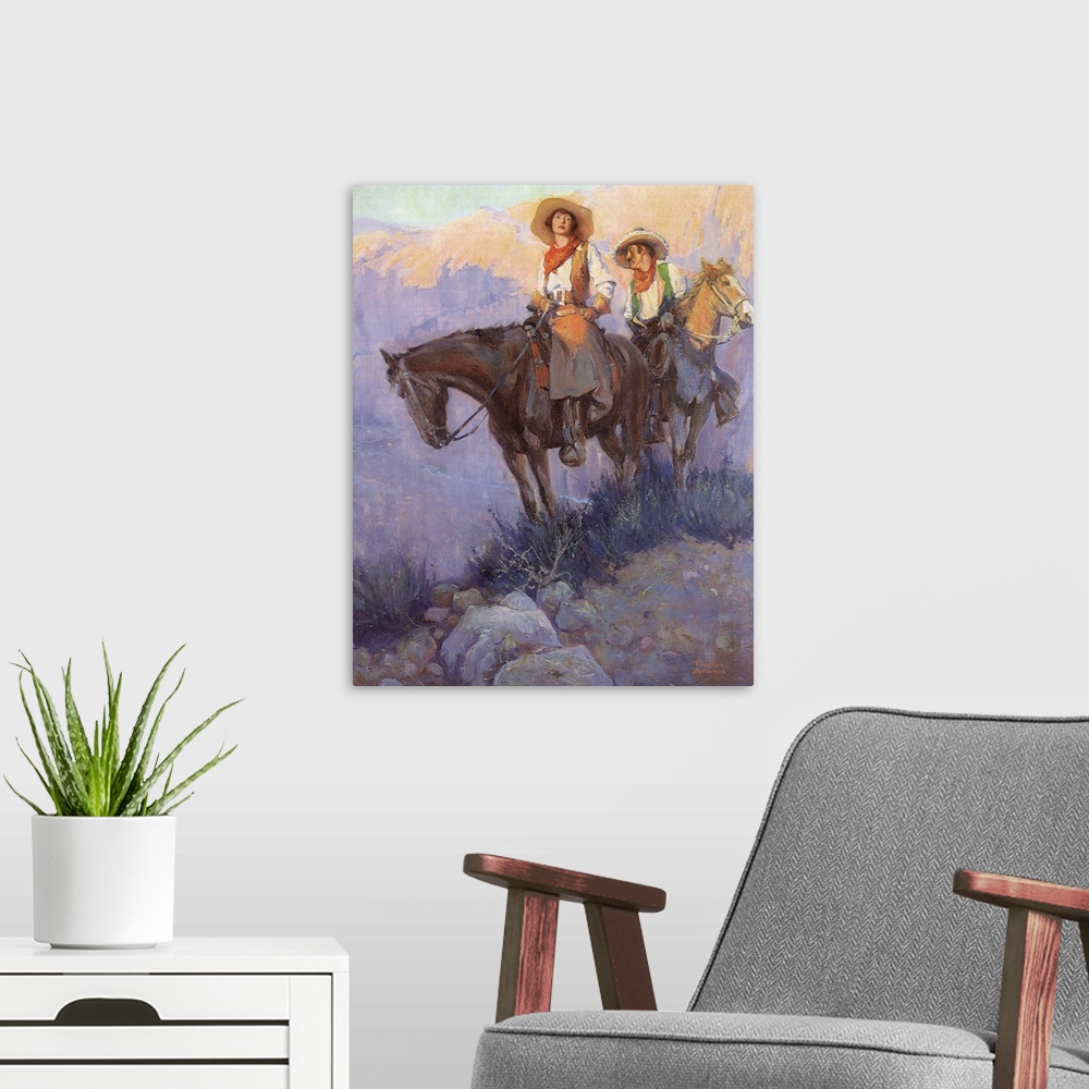 A modern room featuring Man, Woman on Horses