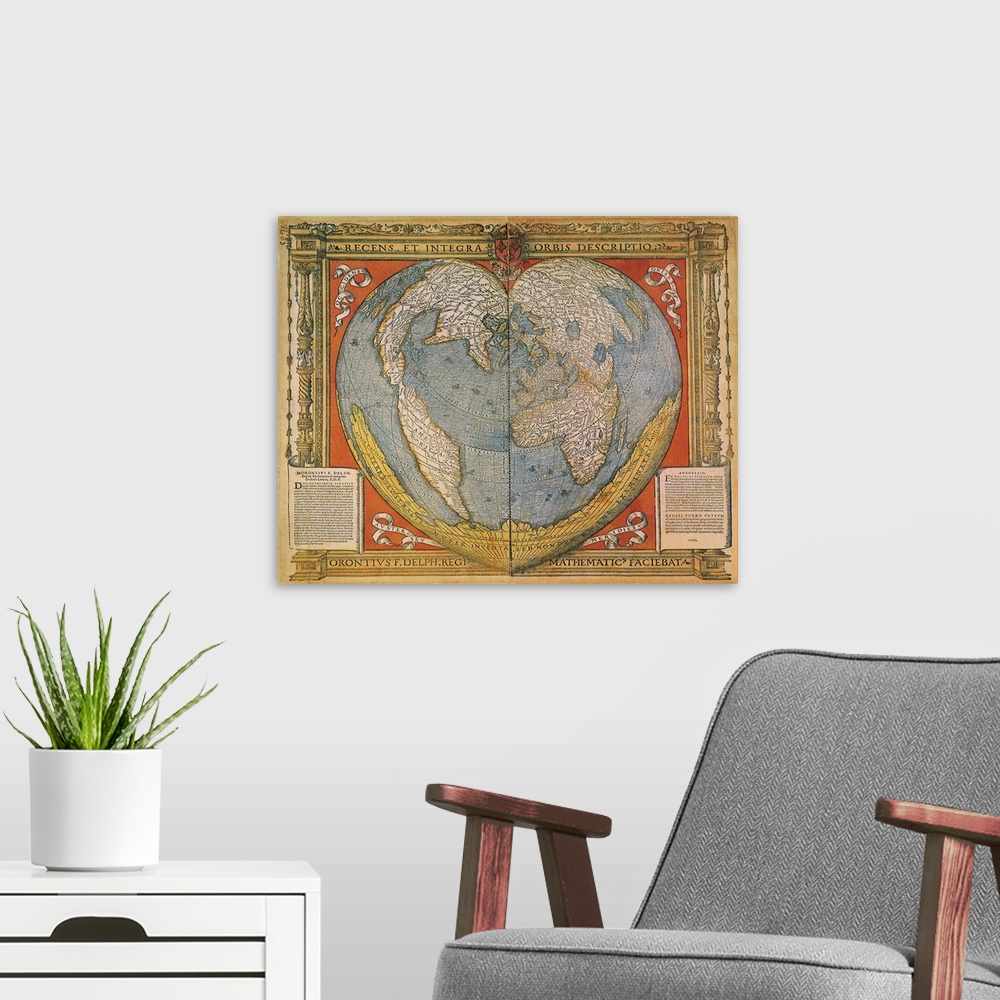 A modern room featuring An antique cordiform map of the world from 1536.