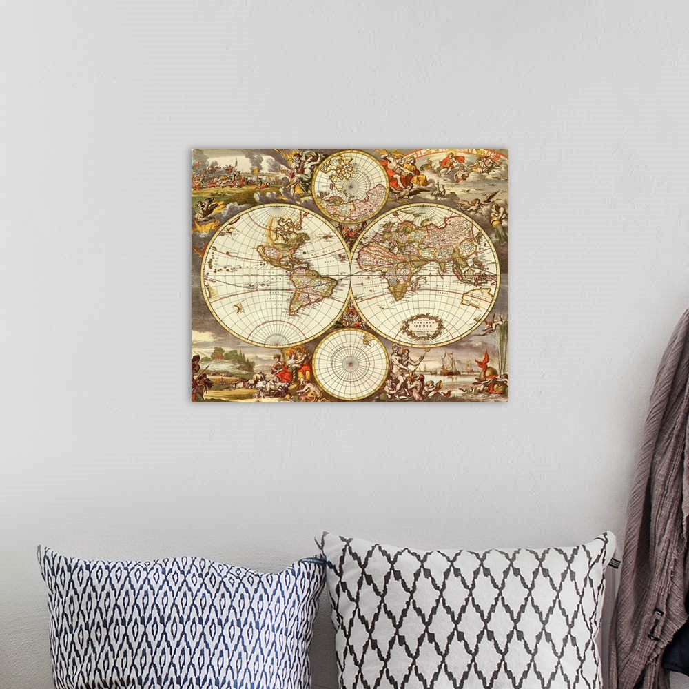 A bohemian room featuring Big canvas print four different sides of a globe laid out with varying paintings in a collage sur...