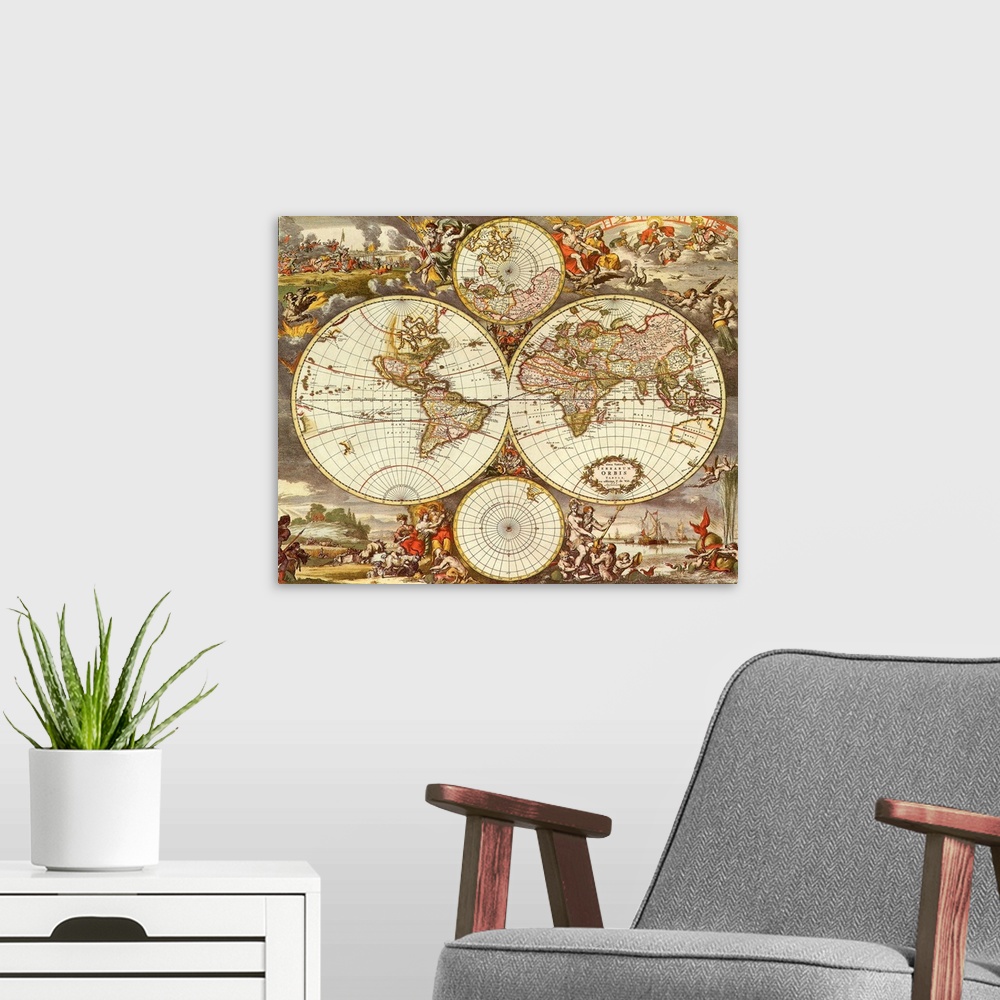 A modern room featuring Big canvas print four different sides of a globe laid out with varying paintings in a collage sur...