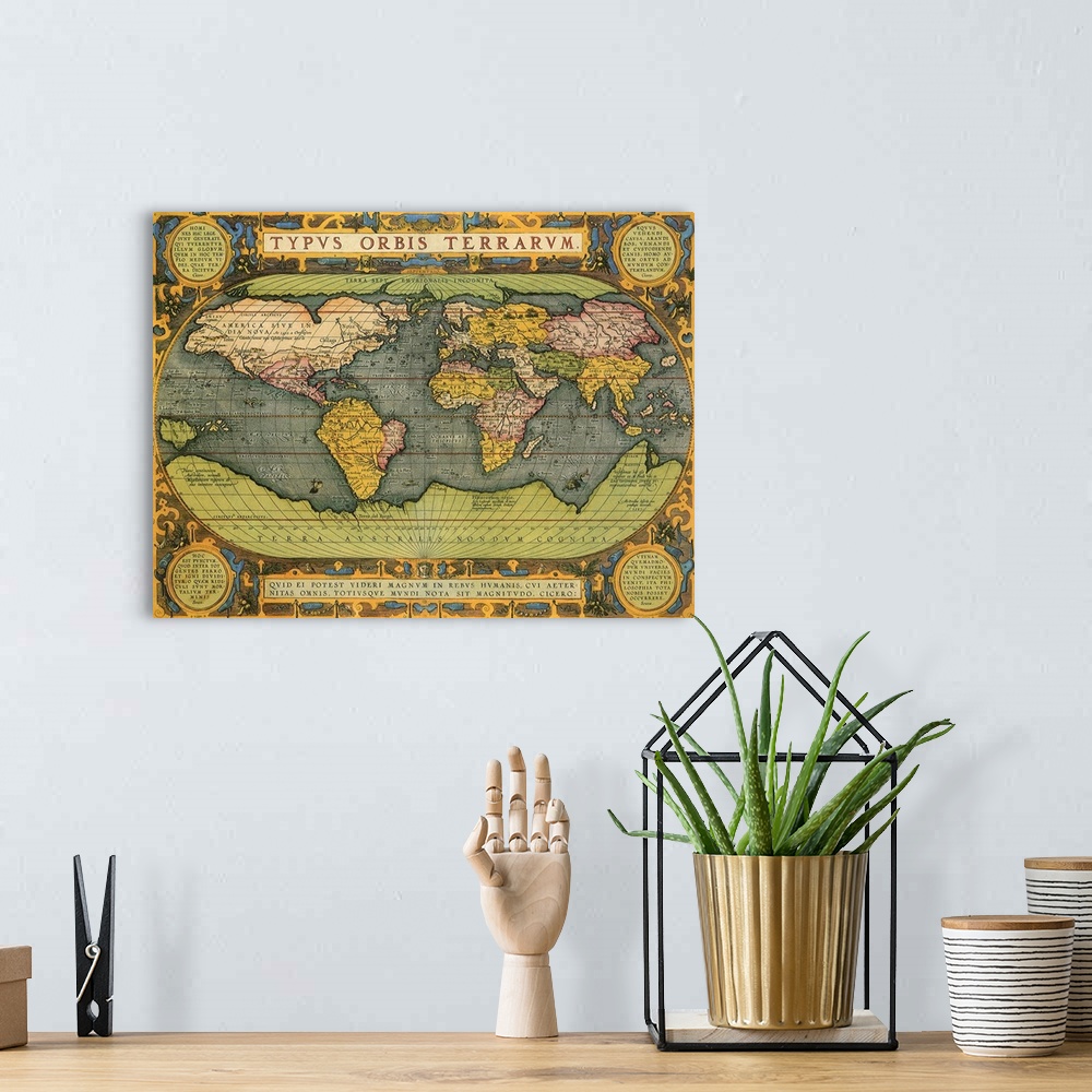 A bohemian room featuring Vintage Map of the World on canvas from the 1500s.
