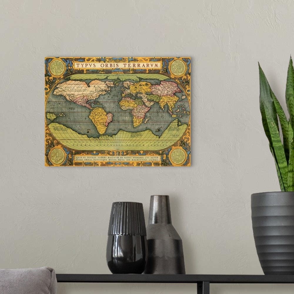 A modern room featuring Vintage Map of the World on canvas from the 1500s.
