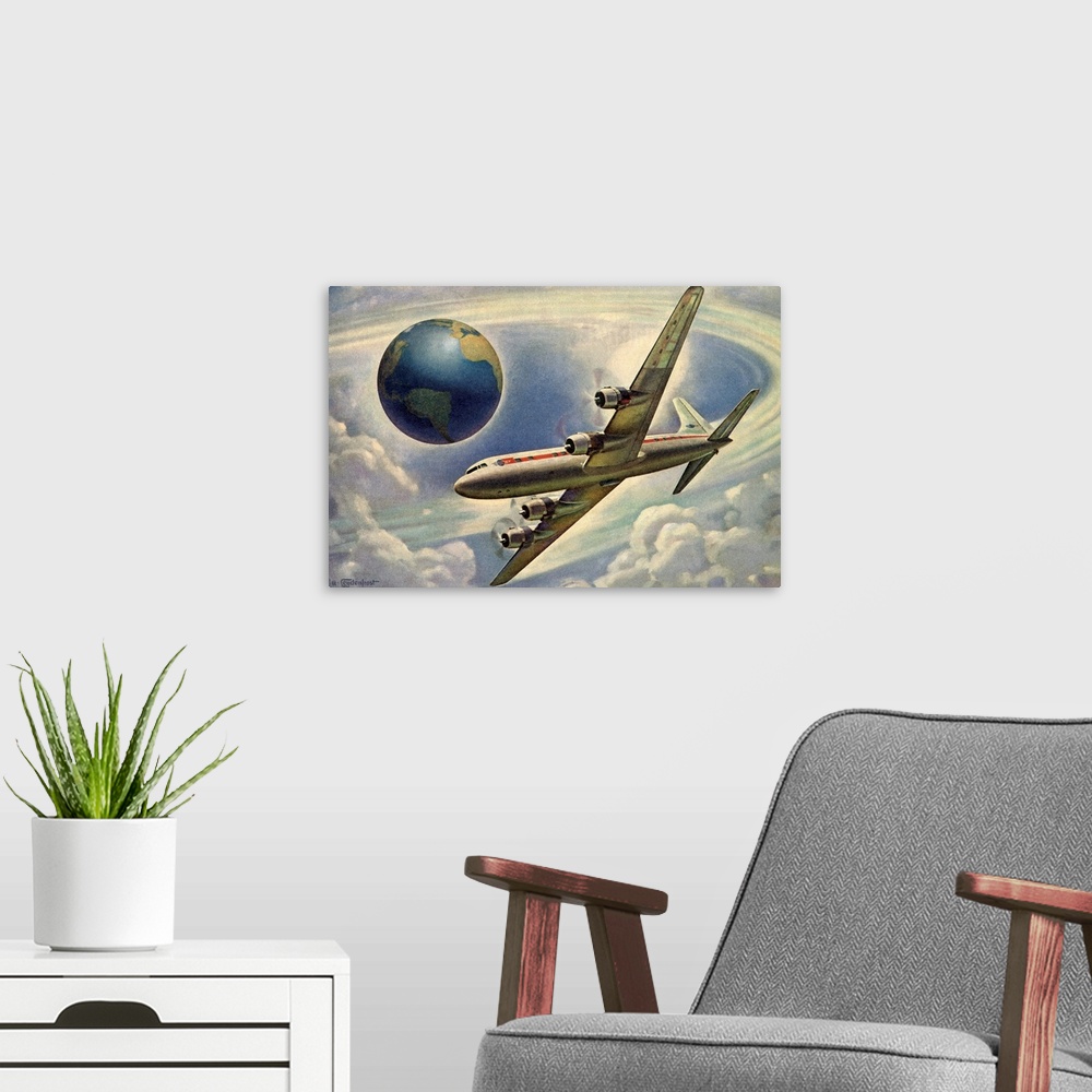 A modern room featuring Plane Circling Globe