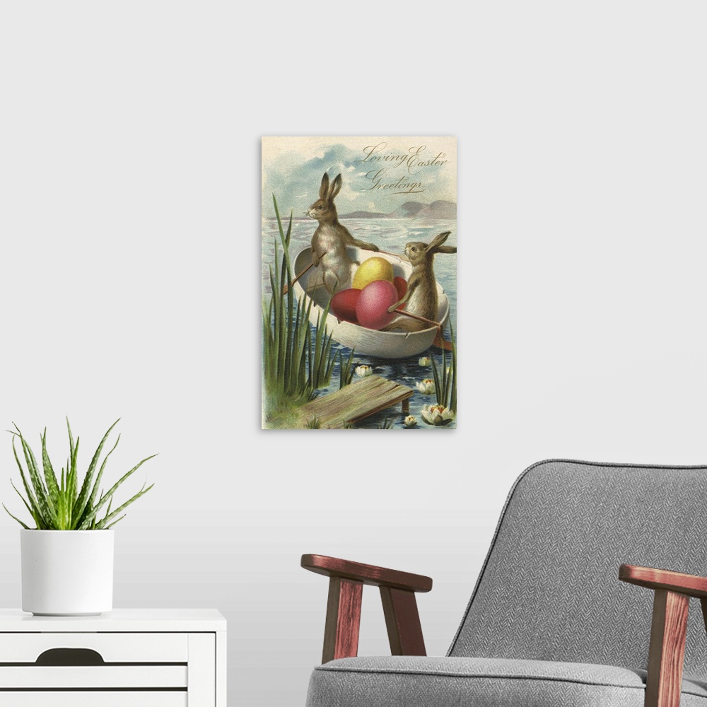 A modern room featuring Rabbits row an Eggshell Boat