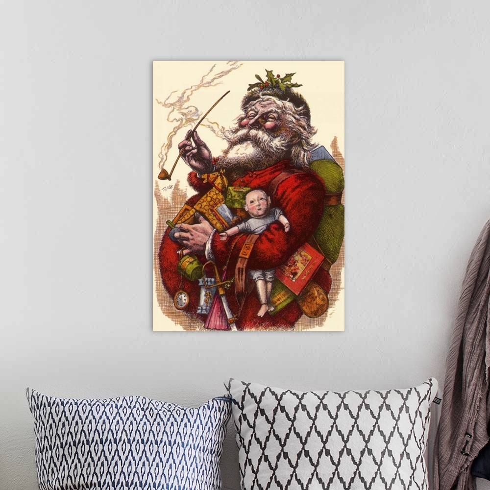 A bohemian room featuring Santa holds Armful of Toys