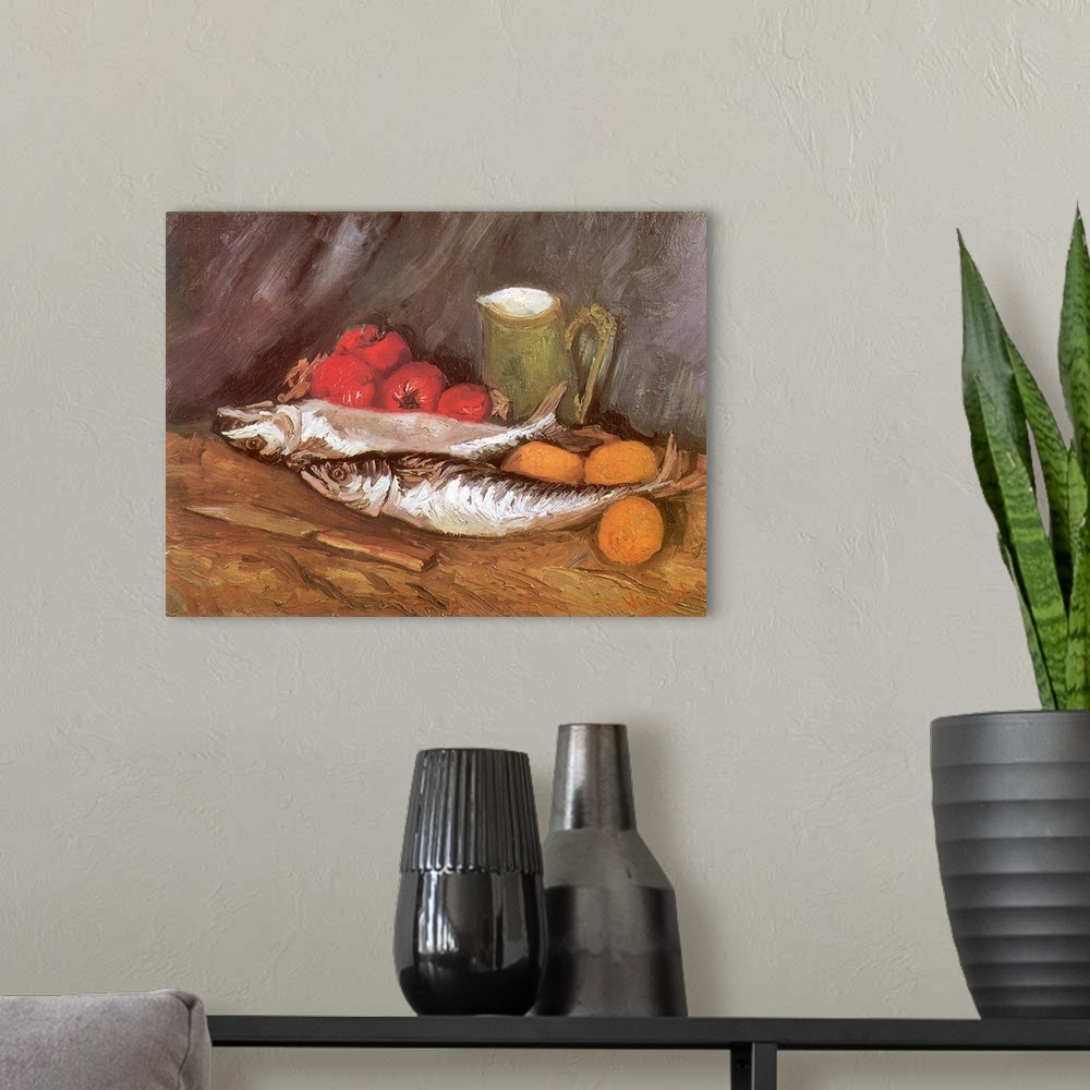 A modern room featuring Still Life with Mackerels, Lemons and Tomatoes