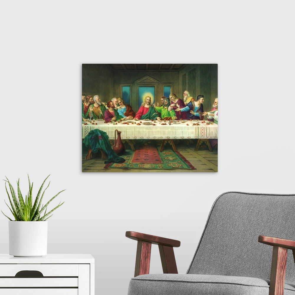 A modern room featuring Religious painting depicting Jesus and the last supper.