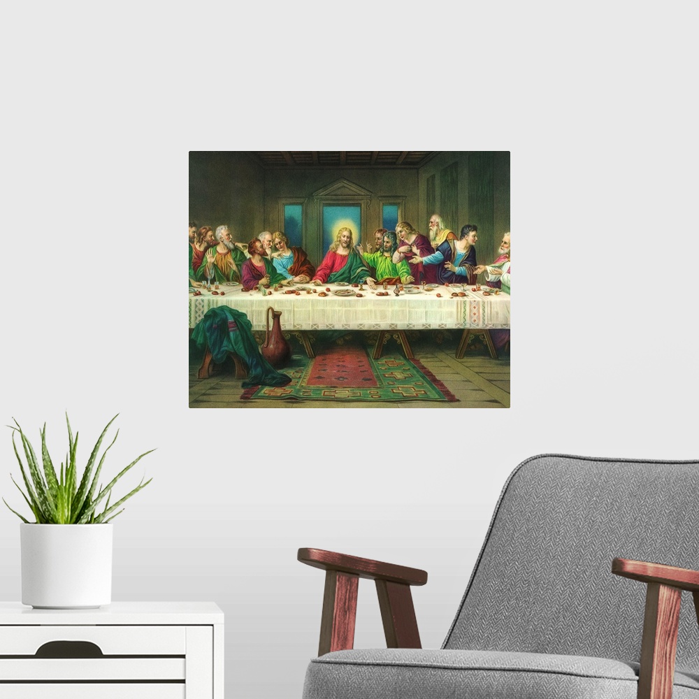 A modern room featuring Religious painting depicting Jesus and the last supper.