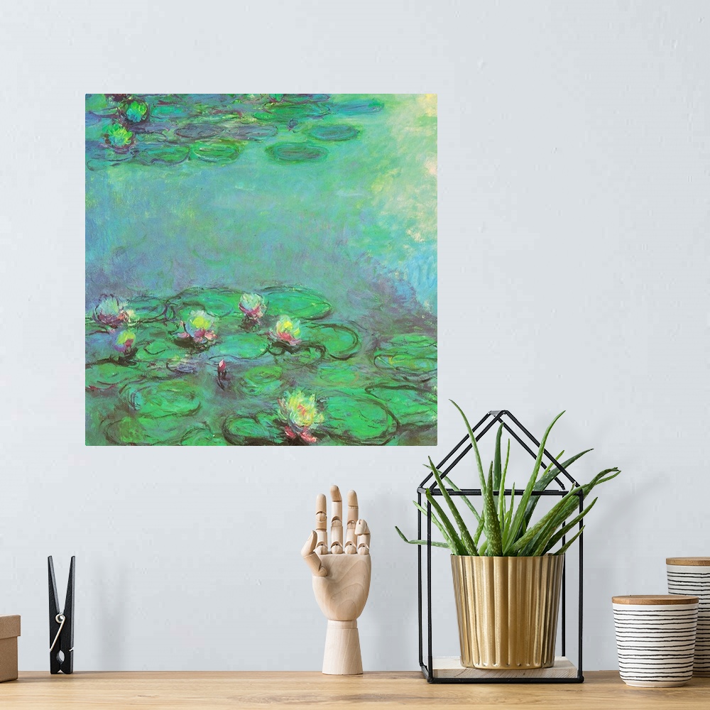 A bohemian room featuring Square panel of an impressionist painting by Claude Monet of several flowers and lily pads in a c...