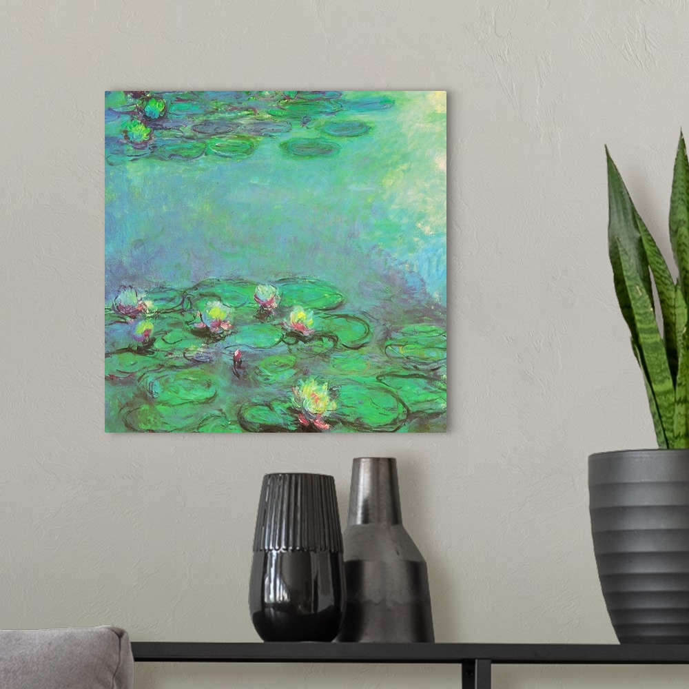 A modern room featuring Square panel of an impressionist painting by Claude Monet of several flowers and lily pads in a c...