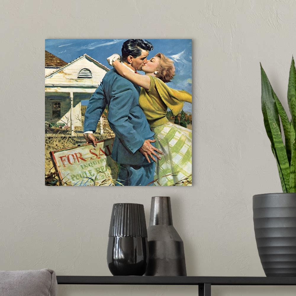A modern room featuring Woman Kissing Man