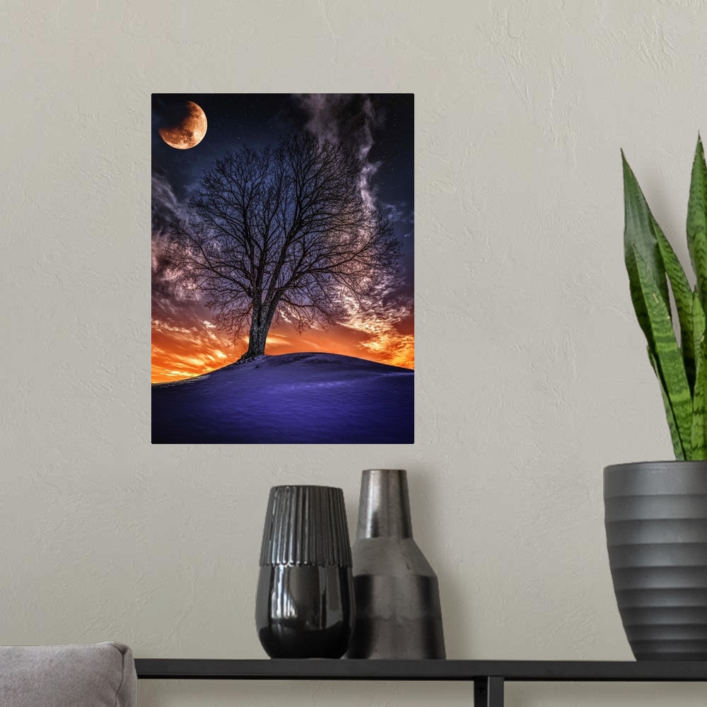 A modern room featuring A red moon over a lone tree on a hill during a bright sunset, Norway.