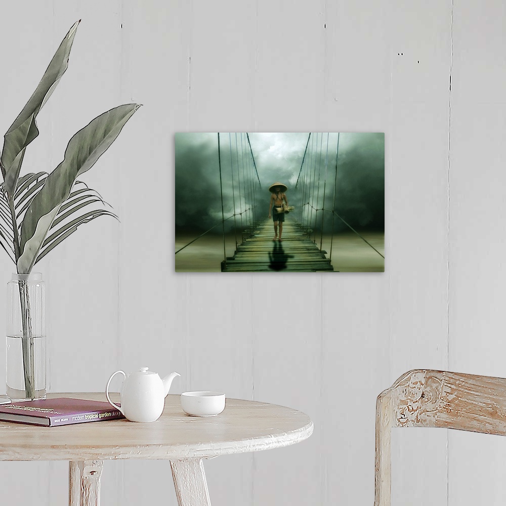 A farmhouse room featuring Person walking down a suspended wooden bridge under dark stormclouds.