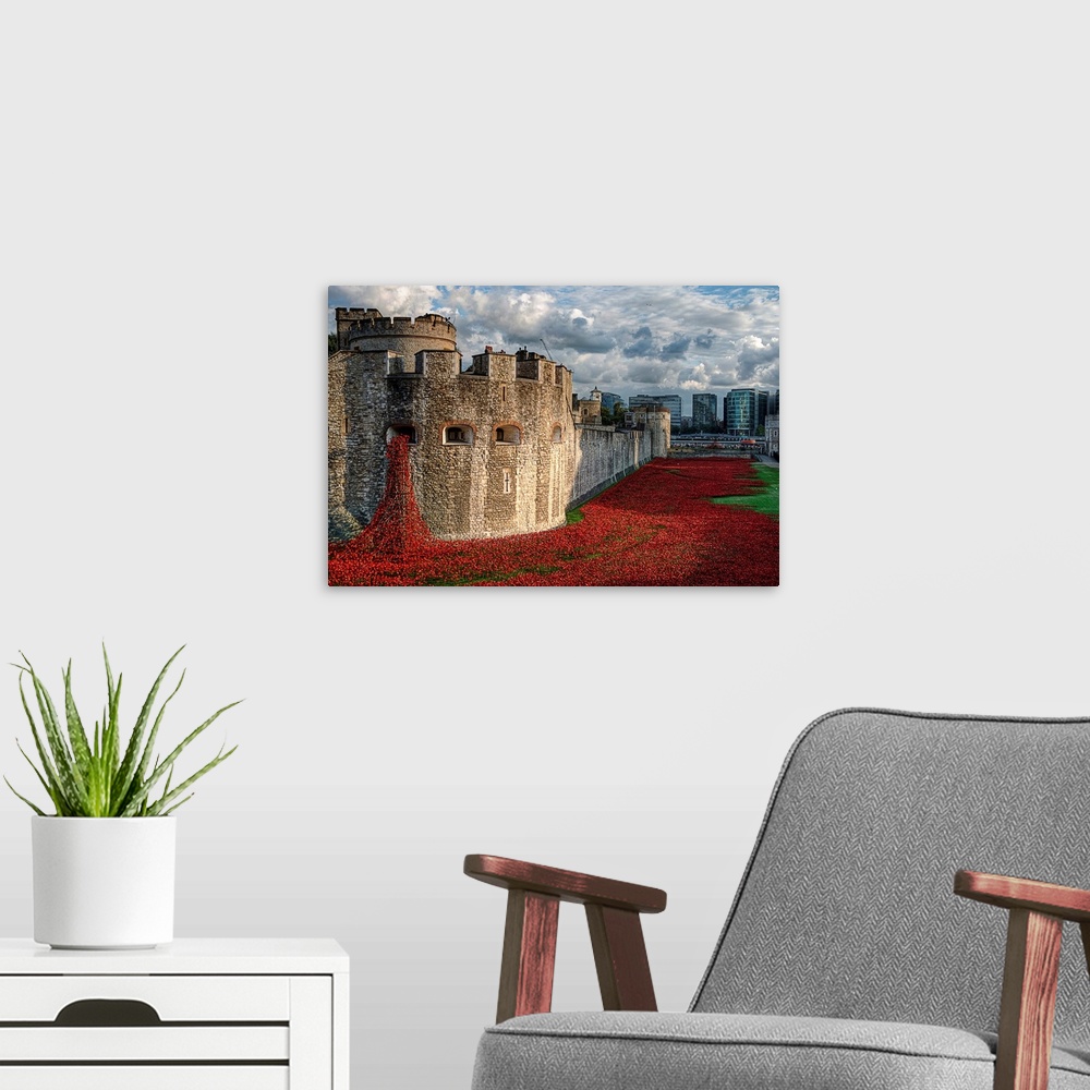 A modern room featuring A sea of red ceramic poppies planted around the Tower of London in honor of the lives lost.