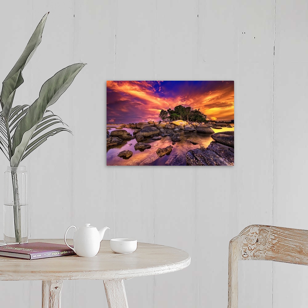 A farmhouse room featuring Photograph of sunset sky lit up in a blaze of sunlight.