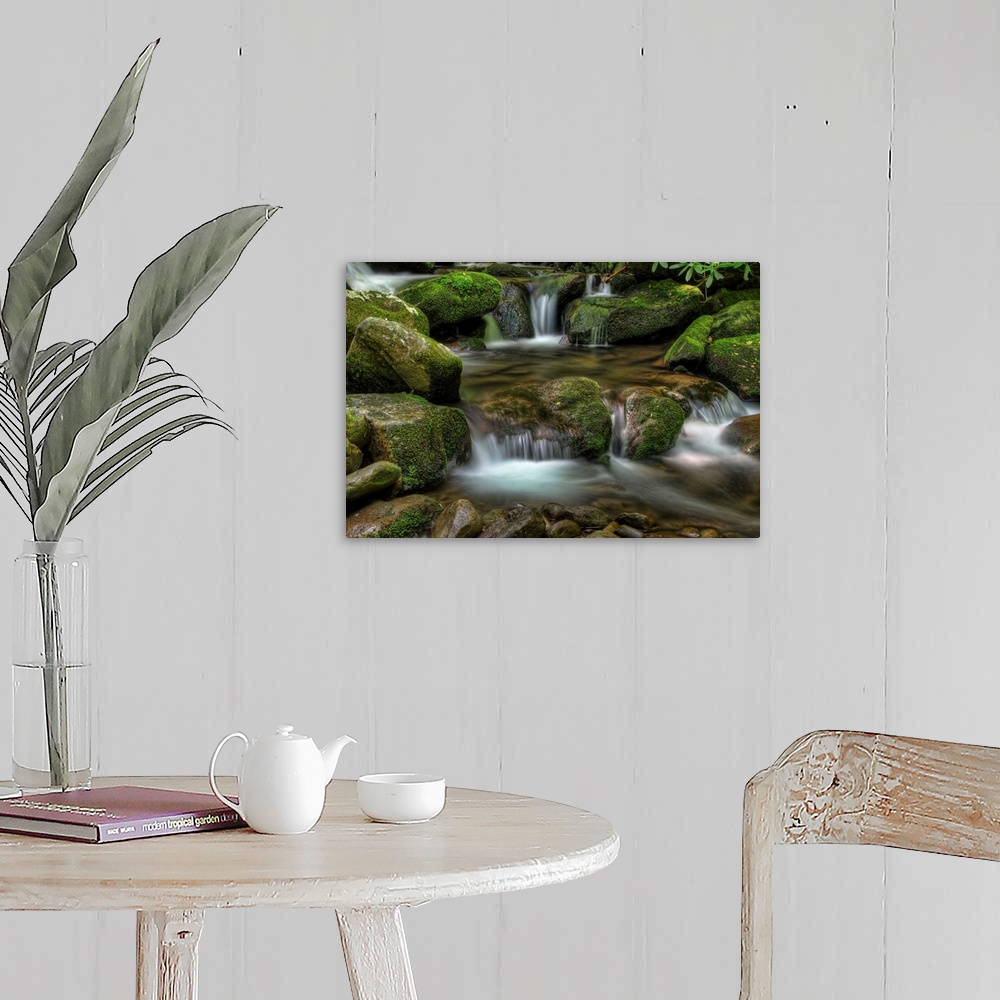 A farmhouse room featuring Several small waterfalls over mossy rocks in Deep Creek, North Carolina.