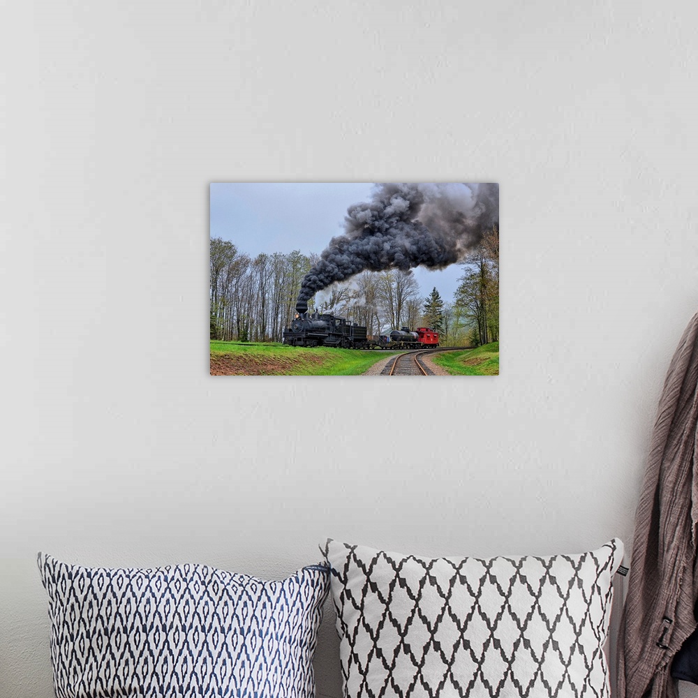 A bohemian room featuring A locomotive with billowing black smoke climbs up a hill.