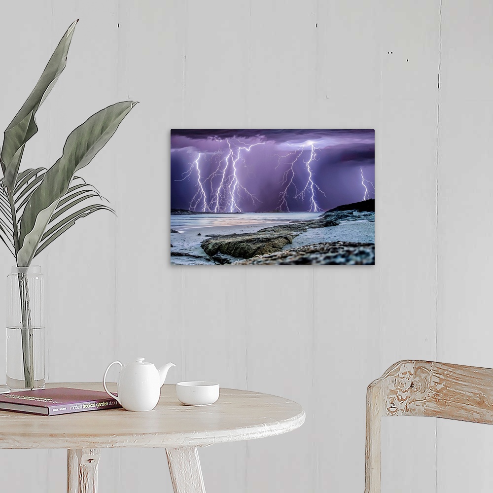 A farmhouse room featuring Multiple lightning strikes over the ocean near Denmark, Western Australia.