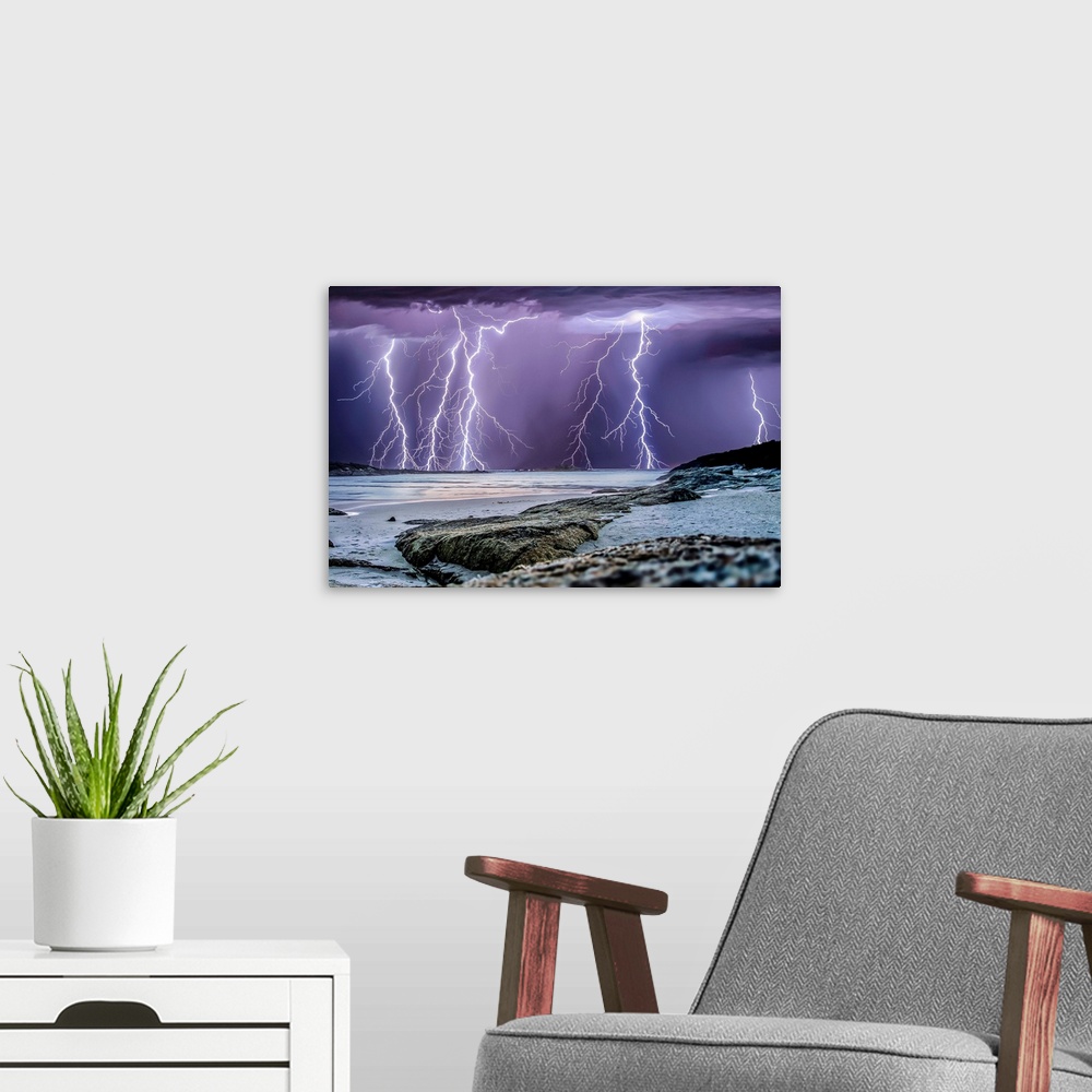 A modern room featuring Multiple lightning strikes over the ocean near Denmark, Western Australia.