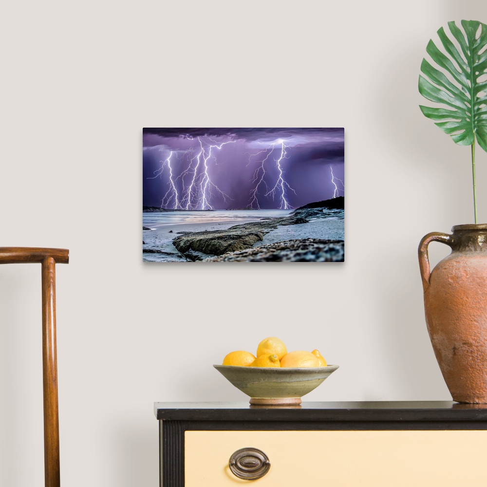 A traditional room featuring Multiple lightning strikes over the ocean near Denmark, Western Australia.