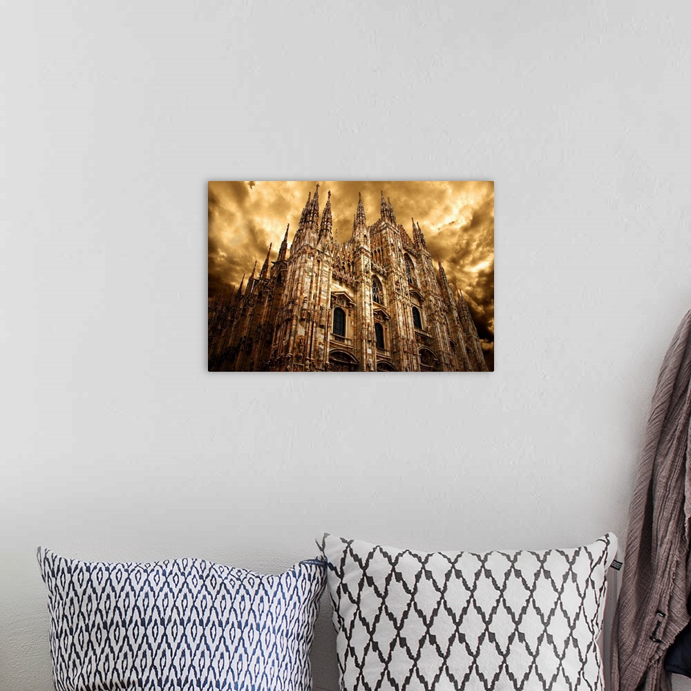 A bohemian room featuring Milan Cathedral under a cloudy sky in golden light.