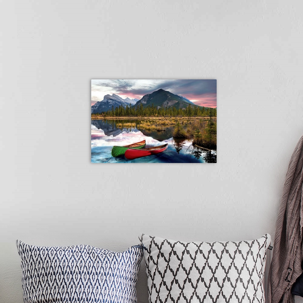 A bohemian room featuring A view across Vermilion Lakes towards Mount Rundle and the town of Banff, Banff National Park, Al...
