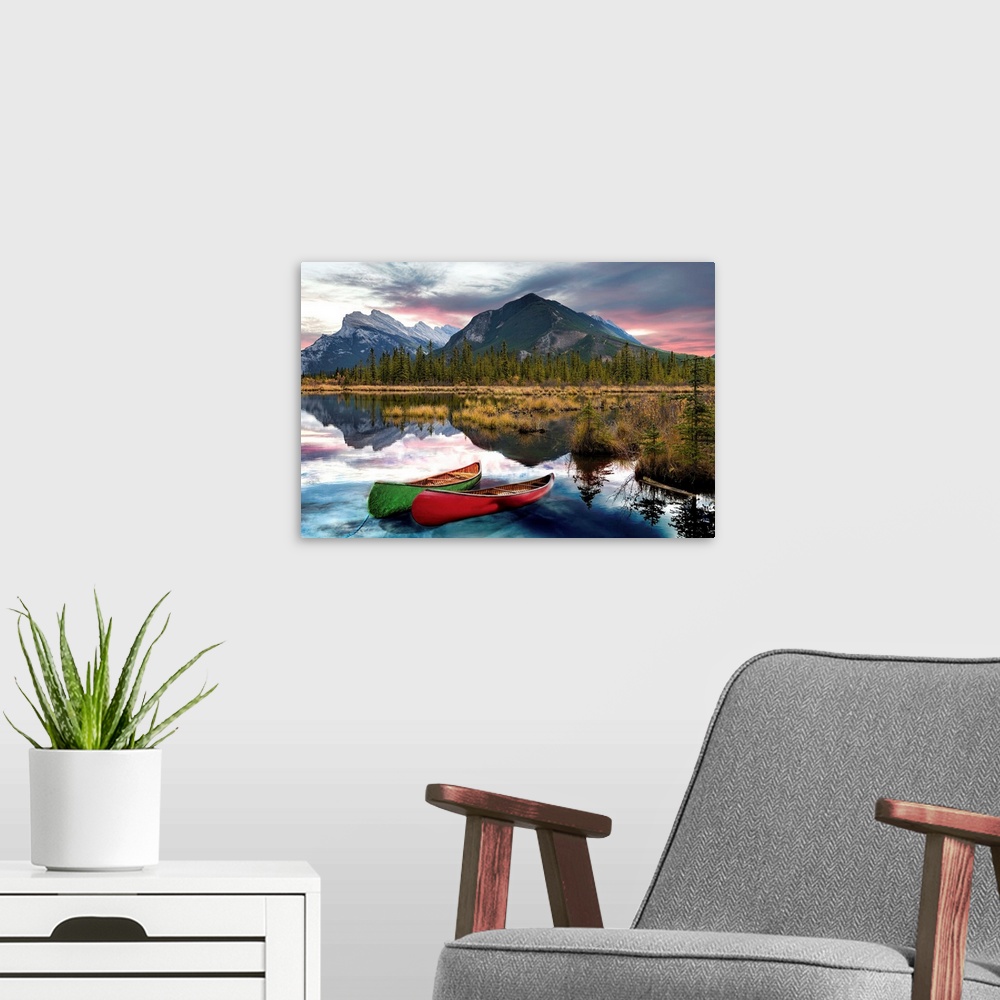 A modern room featuring A view across Vermilion Lakes towards Mount Rundle and the town of Banff, Banff National Park, Al...