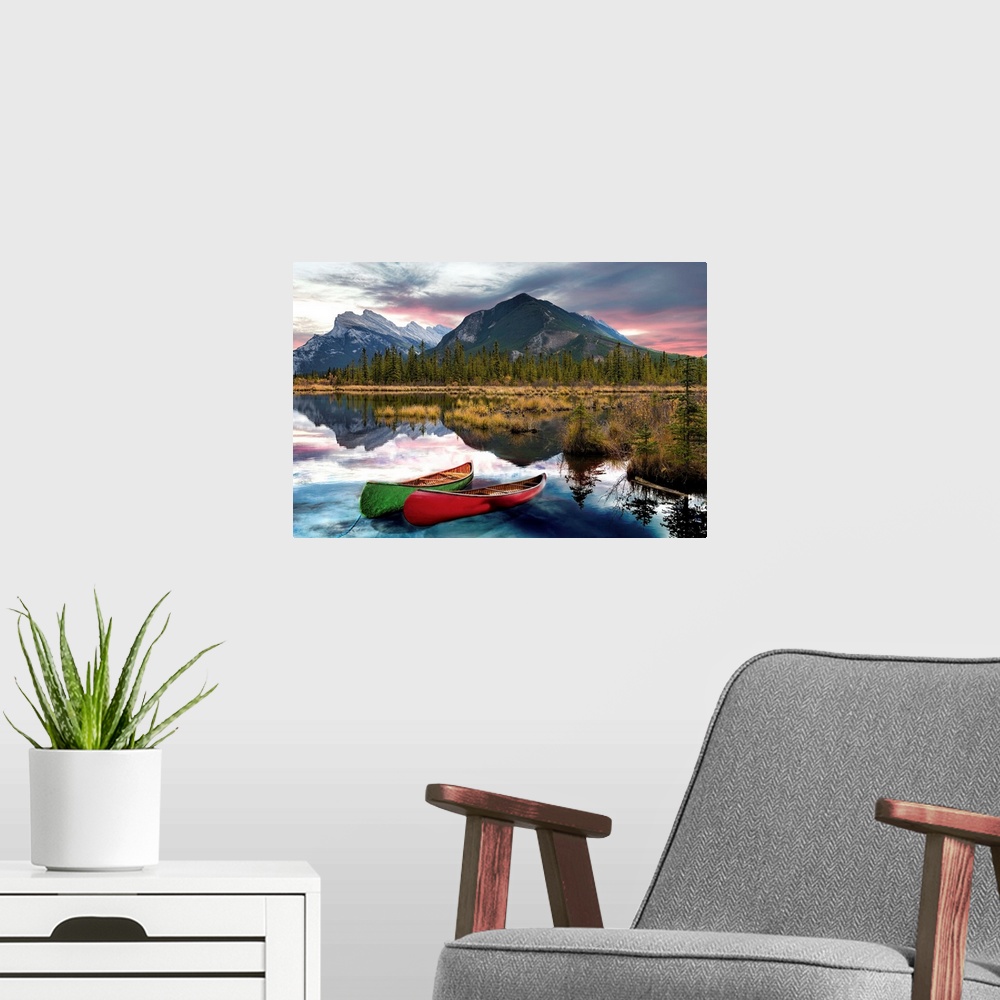 A modern room featuring A view across Vermilion Lakes towards Mount Rundle and the town of Banff, Banff National Park, Al...
