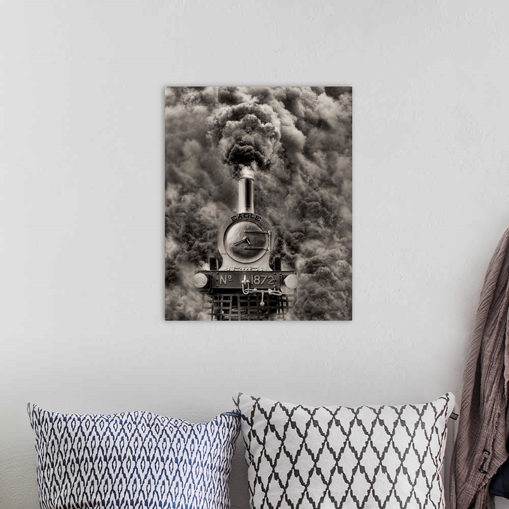 A bohemian room featuring Locomotive with black smoke billowing out of its smokestack.
