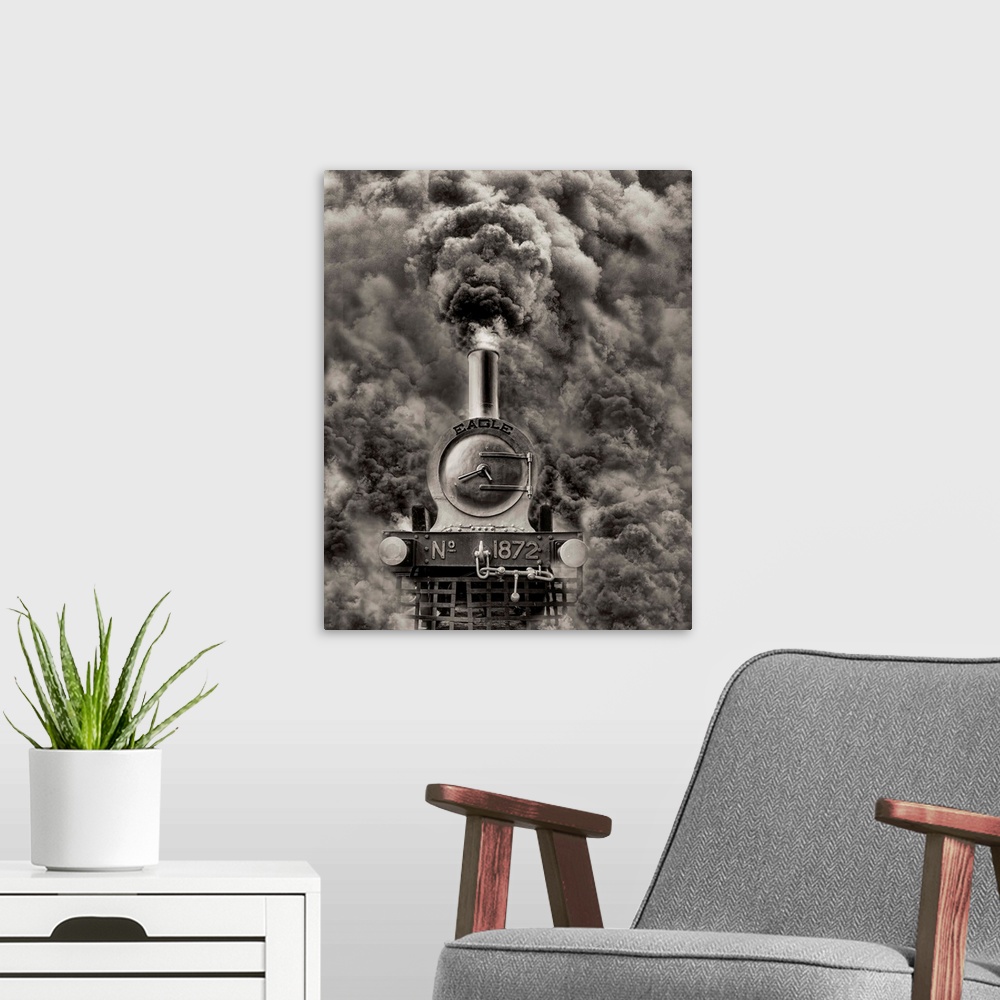 A modern room featuring Locomotive with black smoke billowing out of its smokestack.