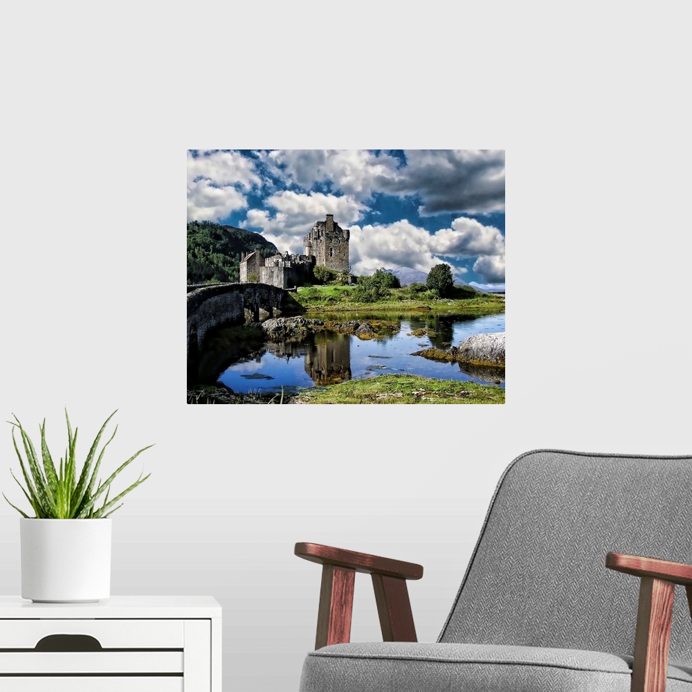 A modern room featuring A river and Eilan Donan Castle, Scotland, under a cloudy sky.