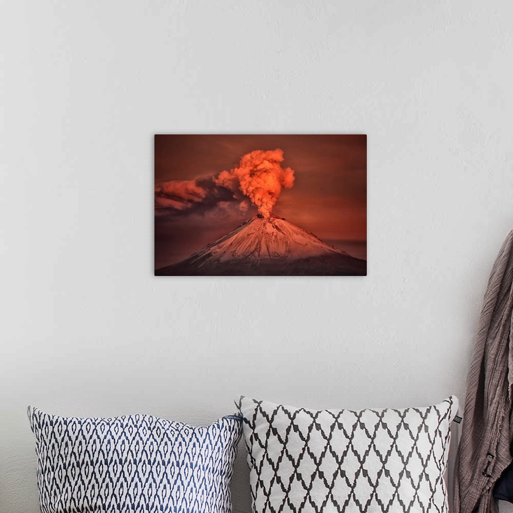 A bohemian room featuring Eruption of Popopcatepetl volcano at sunrise, Mexico.