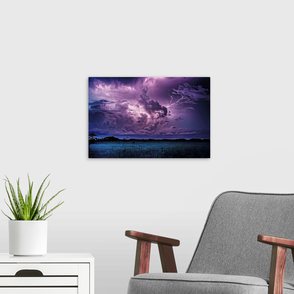 A modern room featuring Lightning storm over the Everglades at night.
