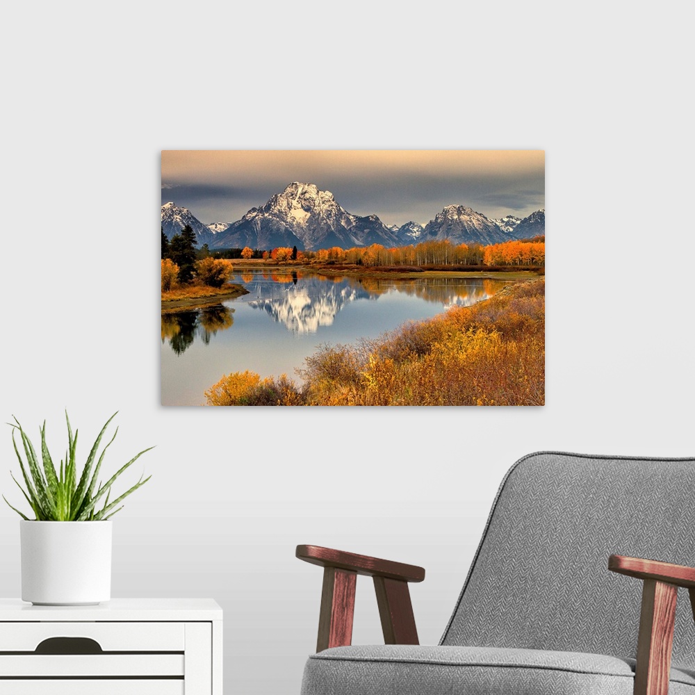 A modern room featuring Grand Tetons National Park in the Fall, Wyoming.