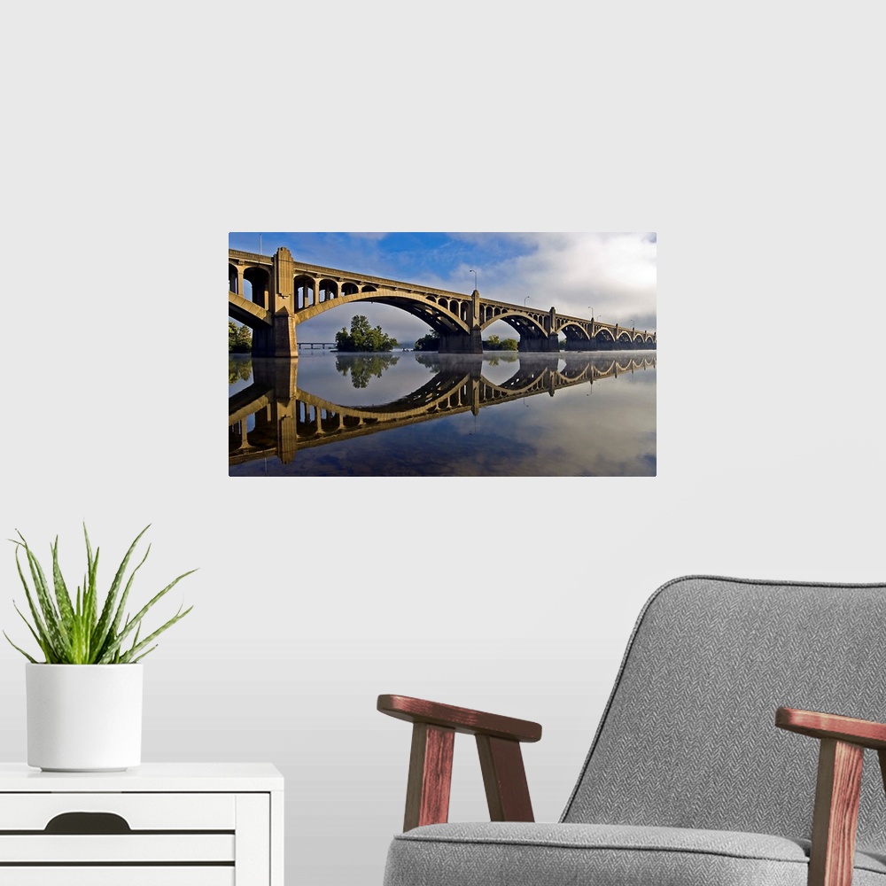 A modern room featuring The historical concrete Wrightsville-Columbia bridge, Wrightsville, Pennsylvania.