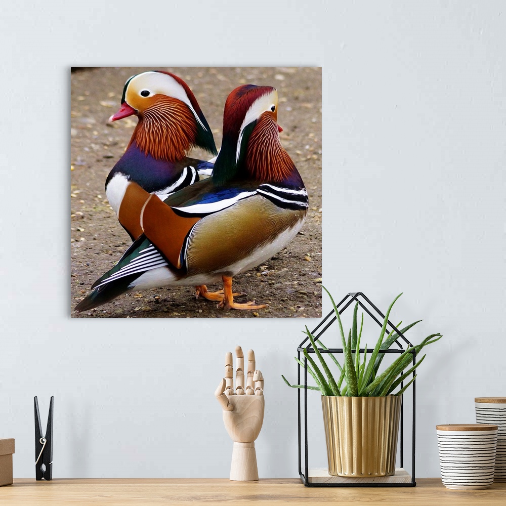 A bohemian room featuring Two male Mandarin ducks in breeding plumage.