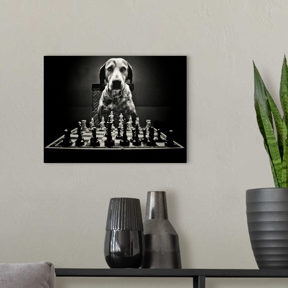 A modern room featuring Portrait of a dog sitting at a chess board.
