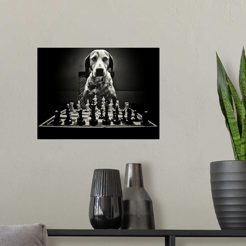 A modern room featuring Portrait of a dog sitting at a chess board.