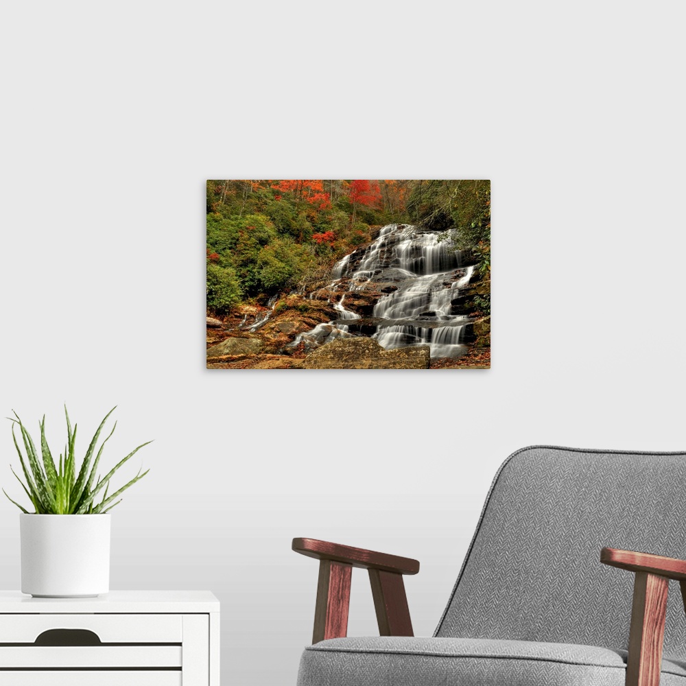 A modern room featuring Waterfall in a forest, Glen Falls near Highland, North Carolina.