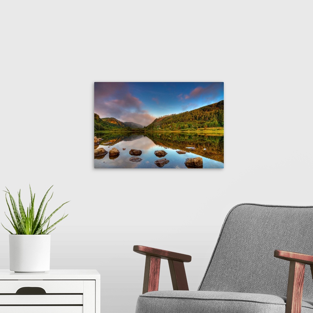 A modern room featuring An early morning at Glendalough Lake.