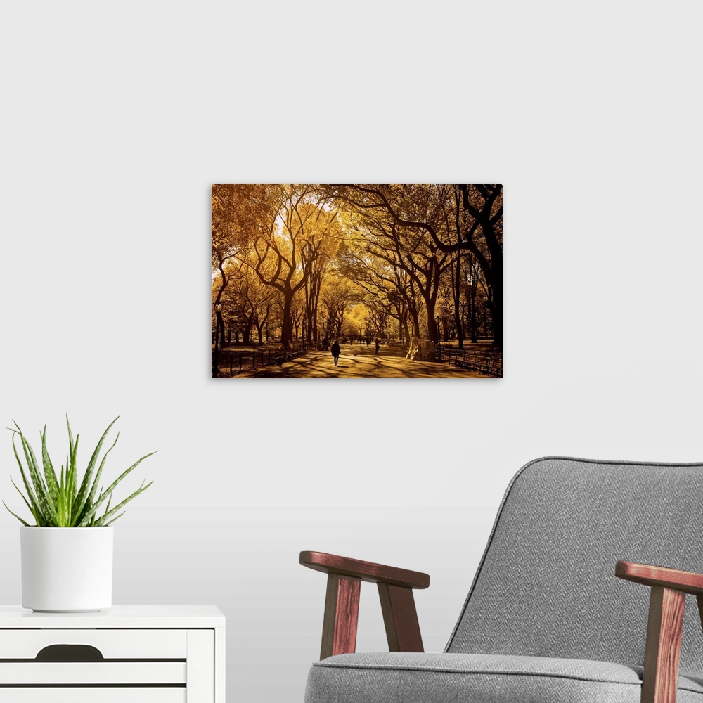 A modern room featuring People walking through Central Park under the trees in the fall.