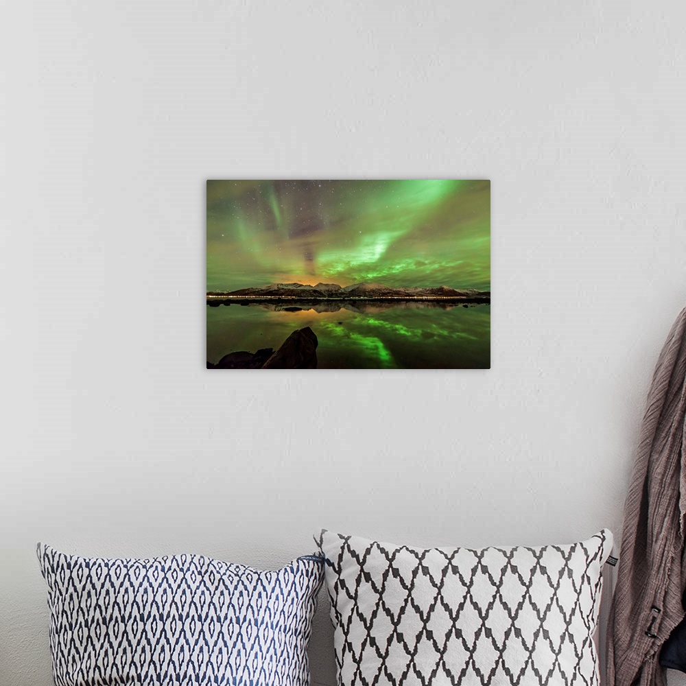A bohemian room featuring Northern lights seen from Buksnes, Andoya island. Skjoldehamn at the other side, Norway.