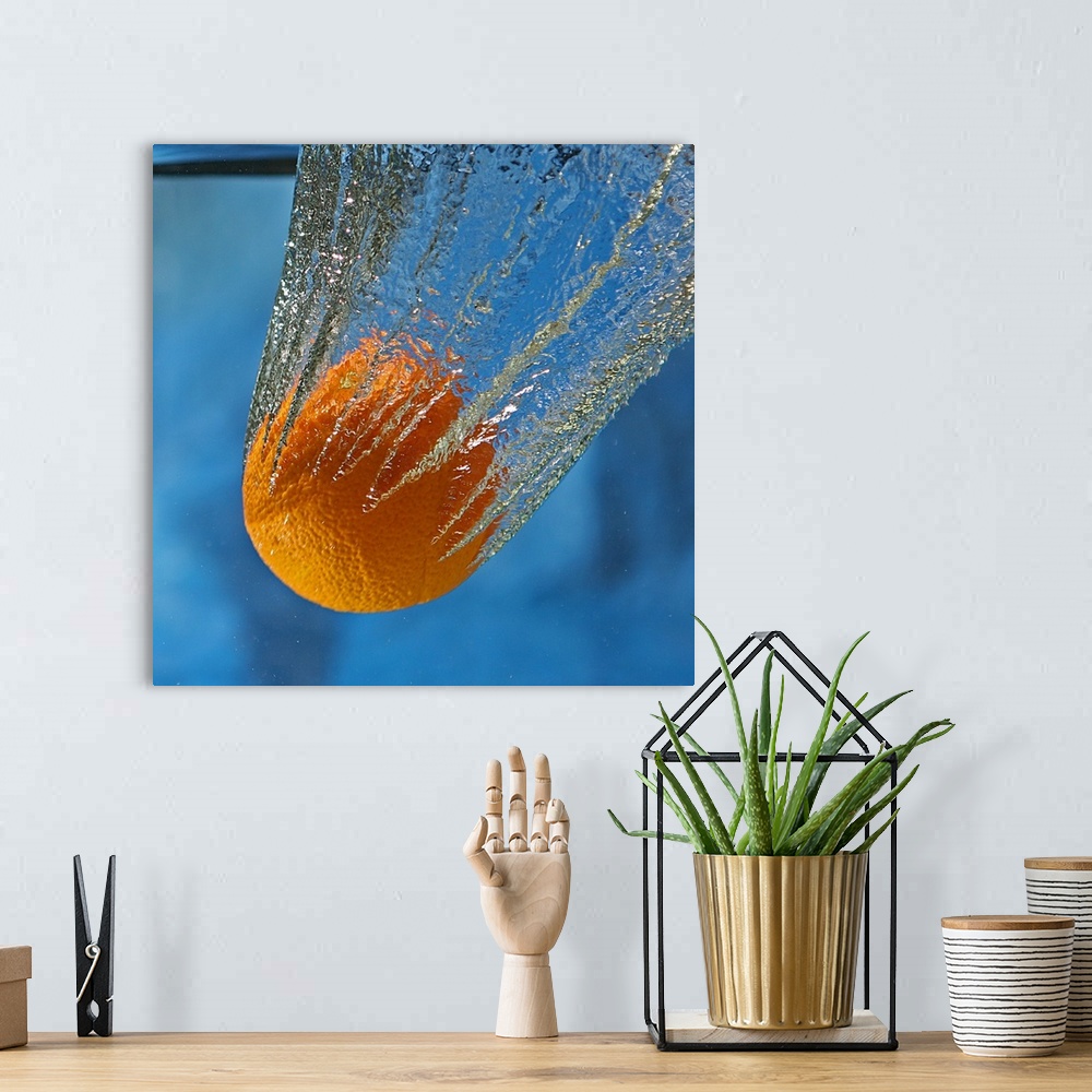 A bohemian room featuring An orange splashing into a tank of clear water.