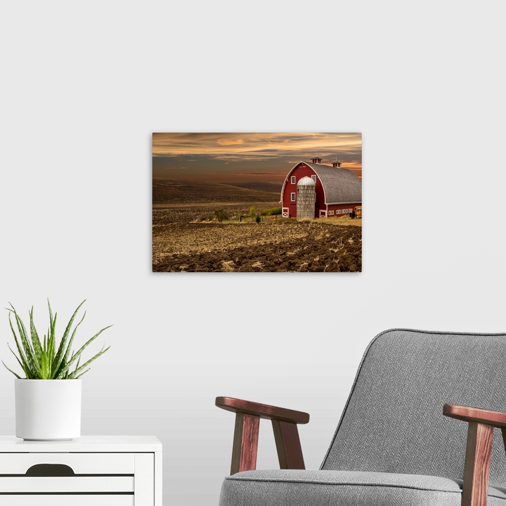 A modern room featuring Large red barn at sunset, Palouse, Washington.