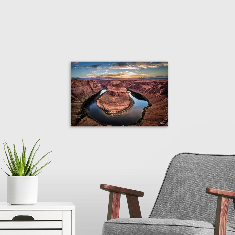 A modern room featuring Stunning photo of the rock formations around Horseshoe Bend, Colorado River, Arizona.