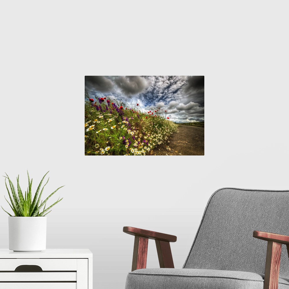 A modern room featuring Spring flowers under a cloudy sky.