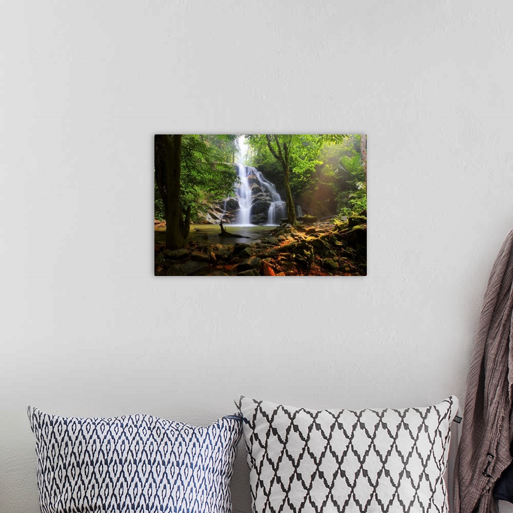 A bohemian room featuring Photograph of a Malaysian forest with a view of a waterfall falling down over top of rocks.
