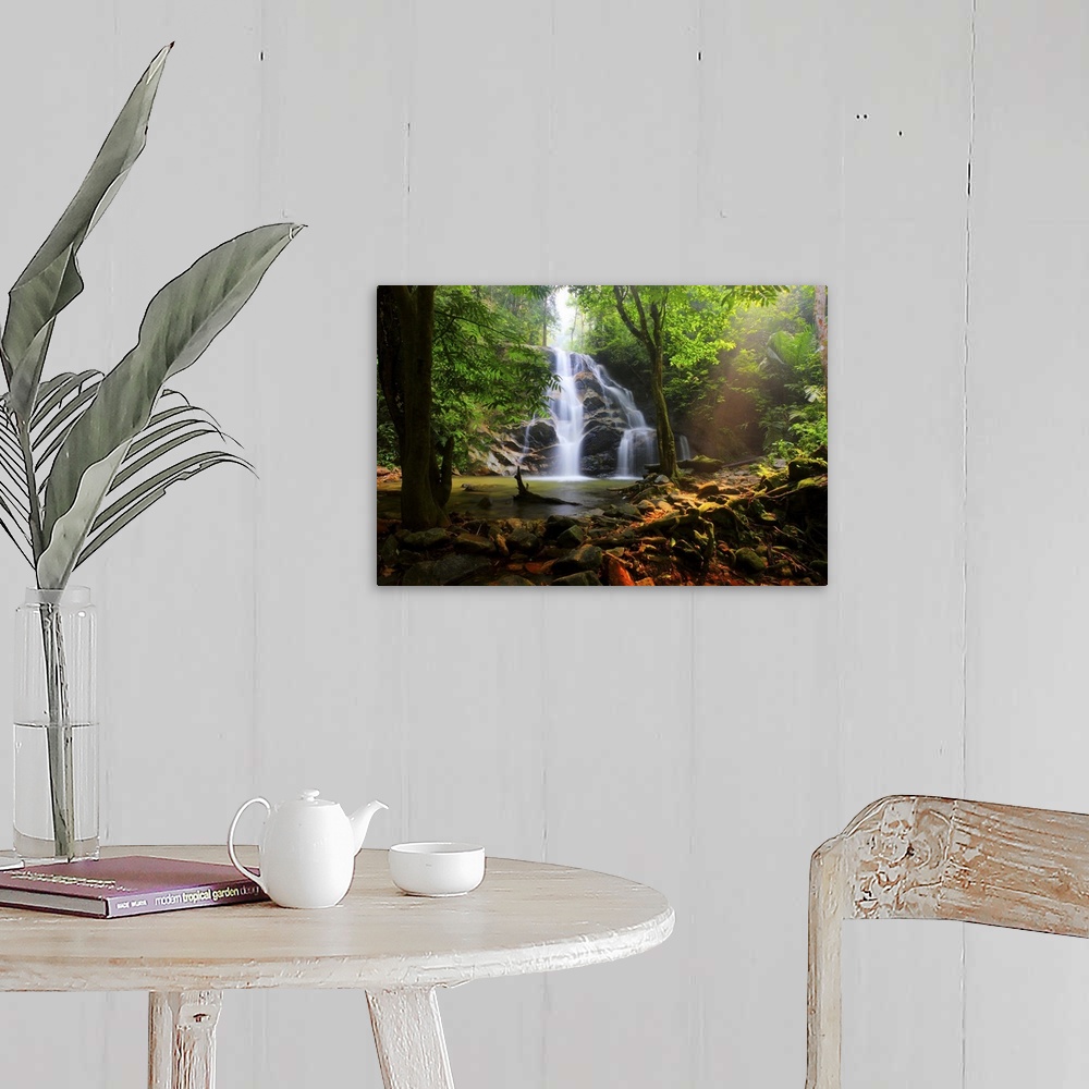 A farmhouse room featuring Photograph of a Malaysian forest with a view of a waterfall falling down over top of rocks.
